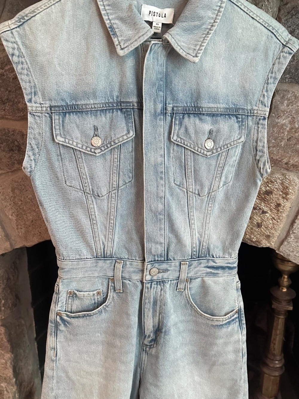 Pistola Everly XS Denim Romper Light Wash Sleeveless Utility Jean Shorts NWT - Picture 2 of 9